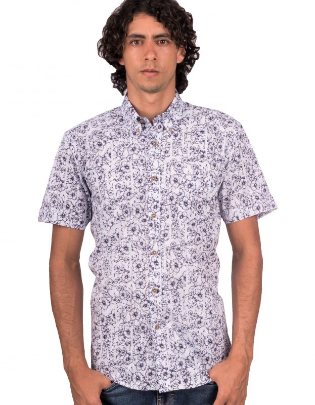 Camisa Manga Corta Rayas Delgadas Azul Claro y Flores Moldería informal