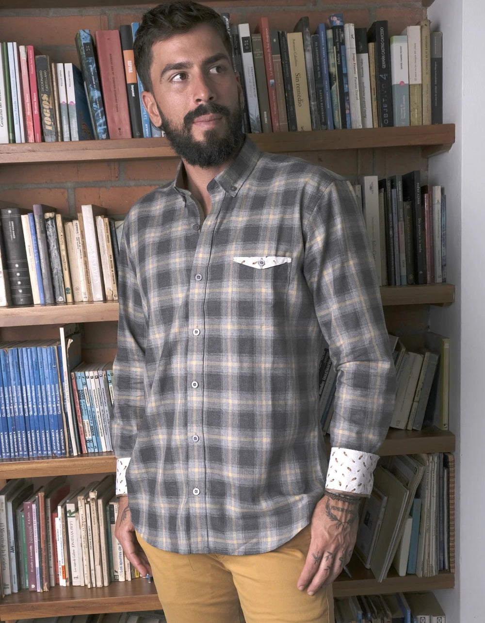 Camisa Manga Larga Cuadros Gris, Beige, Amarillo - Moldería slim