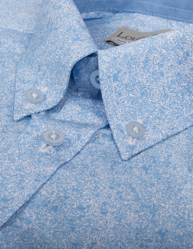 Camisa Manga Larga Azul Claro Estampado Rosas Blanco - Moldería informal