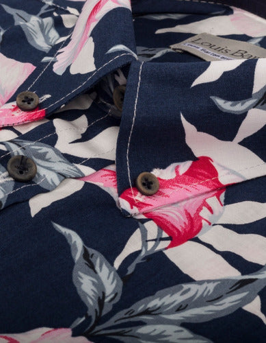 Camisa Manga Corta Algodón Azul Oscuro Estampado Floral Rosa - Moldería informal
