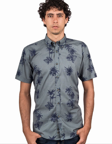 Camisa Manga Corta Estampado Palmas Azúl Petróleo - Moldería informal