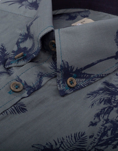 Camisa Manga Corta Estampado Palmas Azúl Petróleo - Moldería informal