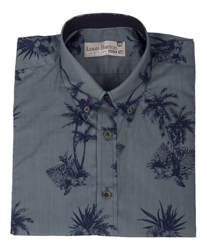 Camisa Manga Corta Estampado Palmas Azúl Petróleo - Moldería informal