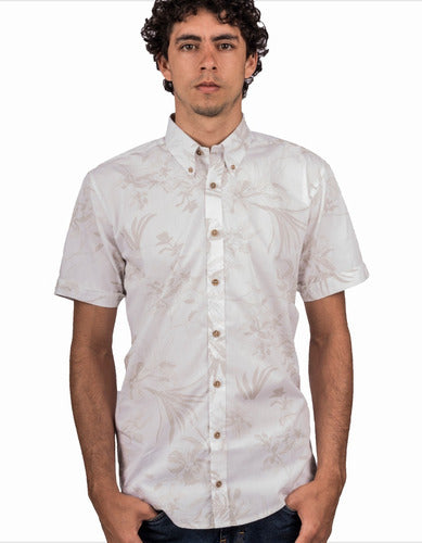 Camisa Manga Corta Blanca Estampado Flores Beige - Moldería informal