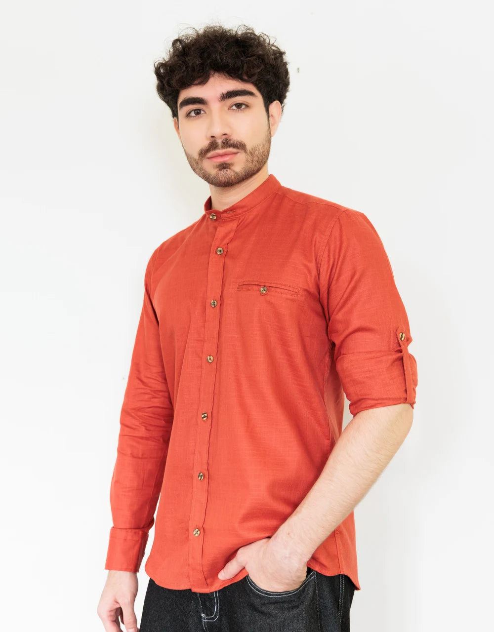 Camisa Manga Larga Terracota Cuello Neru - Moldería slim