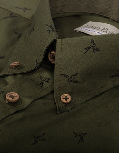 Camisa Manga Corta Verde Militar Estampado Aves - Moldería informal