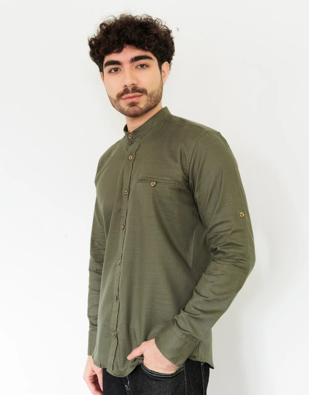 Camisa Manga Larga Verde Oscuro Cuello Neru - Moldería slim