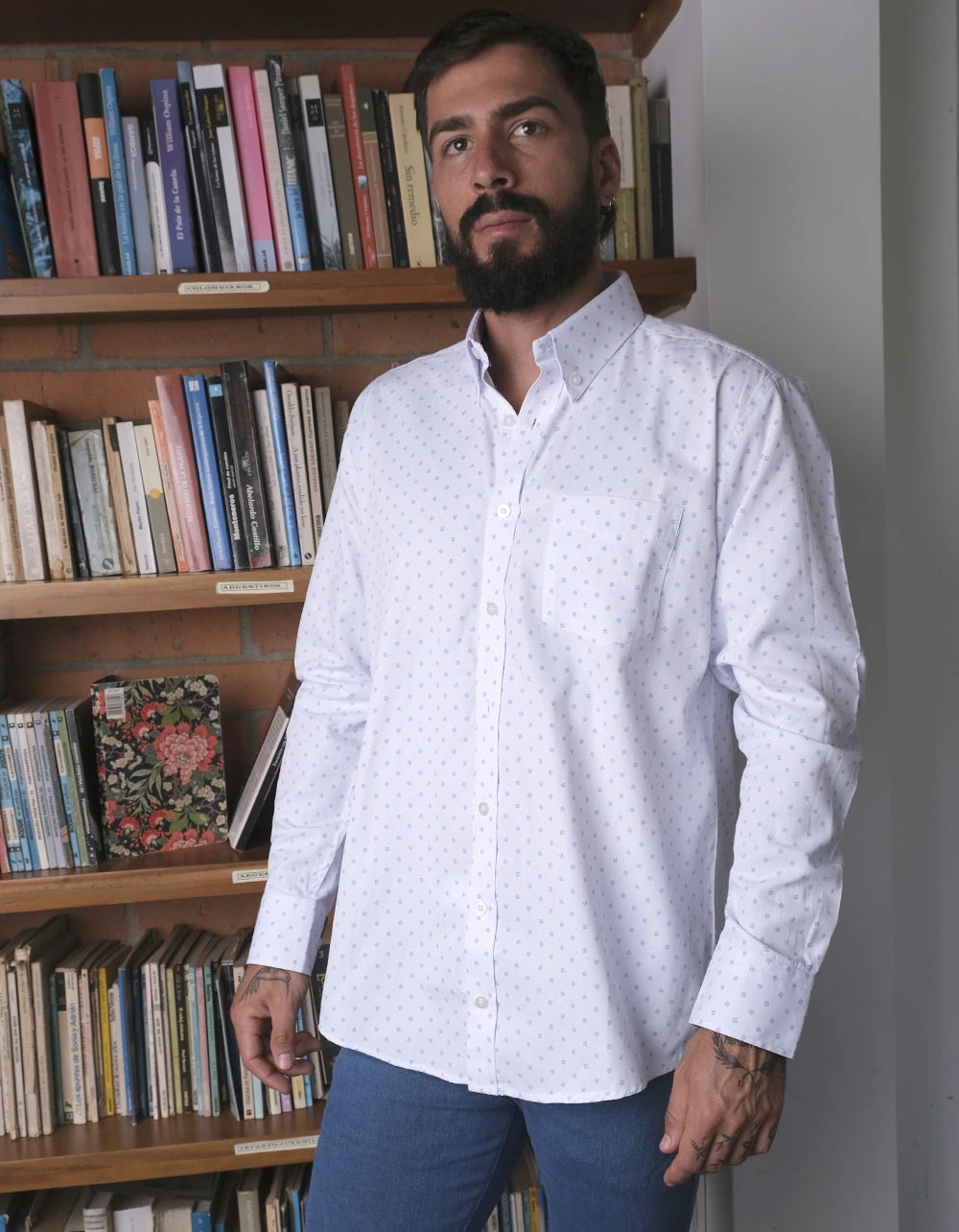 Camisa Manga Larga Blanca Print Geométrico - Moldería informal
