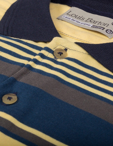 Camiseta Tipo Polo Rayas Amarillo Claro, Azul y Gris