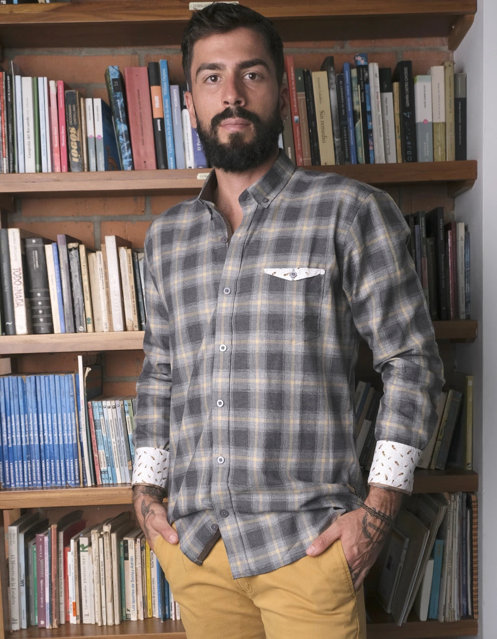 Camisa Manga Larga Cuadros Gris, Beige, Amarillo - Moldería slim