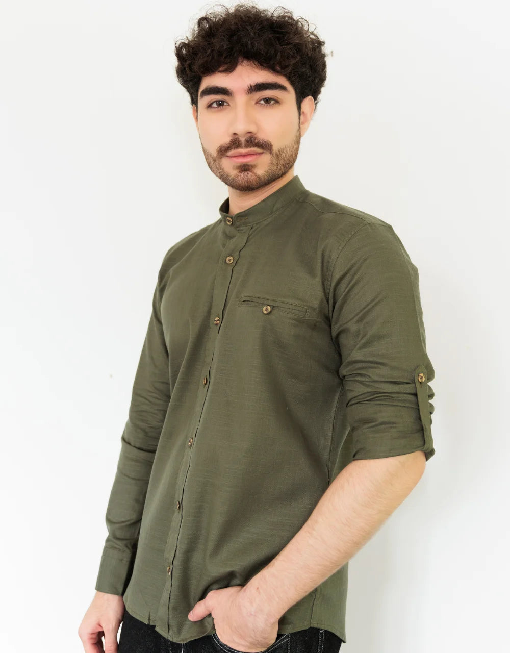 Camisa Manga Larga Verde Oscuro Cuello Neru - Moldería slim