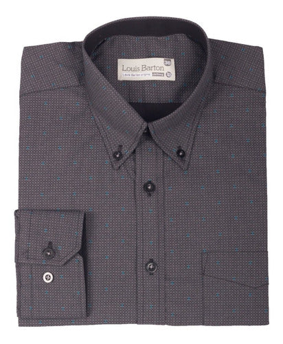 Camisa Manga Larga Negra Estampado Abstracto Gris Puntos Azules - Moldería informal