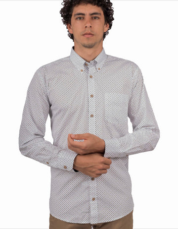 Camisa Manga Larga Color Blanco Miniprint Flores Azules - Moldería informal