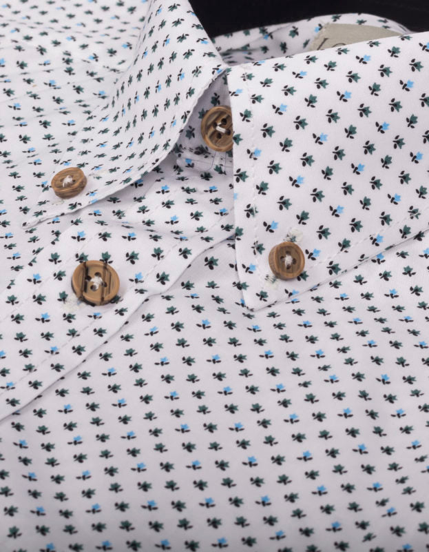 Camisa Manga Larga Color Blanco Miniprint Flores Azules - Moldería informal