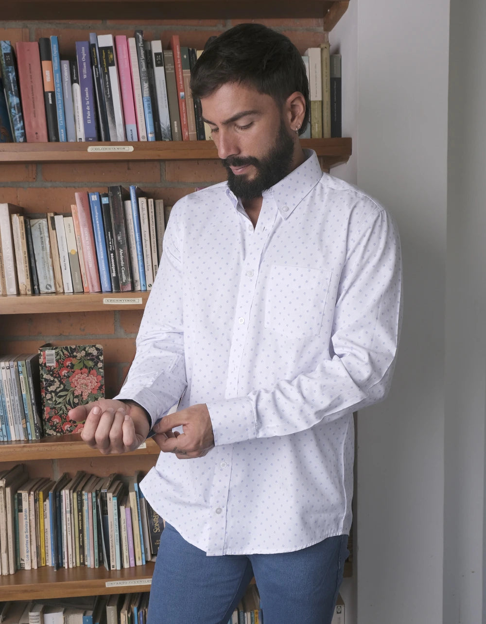 Camisa Manga Larga Blanca Print Geométrico - Moldería informal