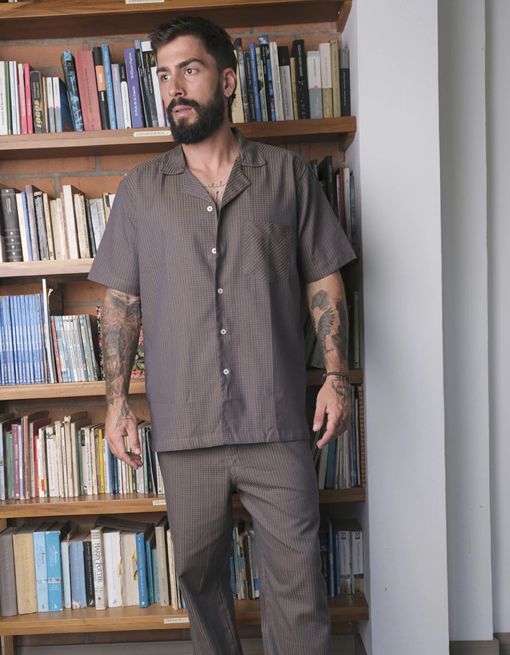 Pijama Manga Corta Puntos Azul Oscuro Y Cafè