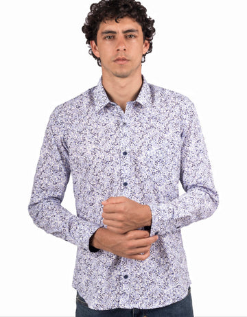 Camisa Manga Larga Estampada Flores Azule Celeste - Moldería slim
