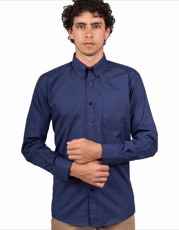 Camisa Manga Larga Azul Oscura Puntos Fucsia - Moldería informal