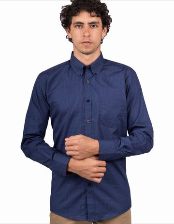 Camisa Manga Larga Azul Oscura Puntos Fucsia - Moldería informal