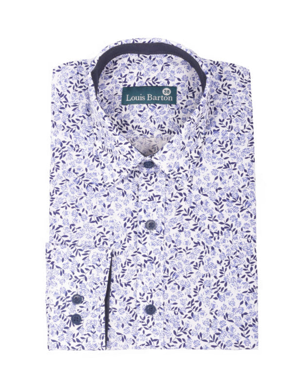 Camisa Manga Larga Estampada Flores Azule Celeste - Moldería slim