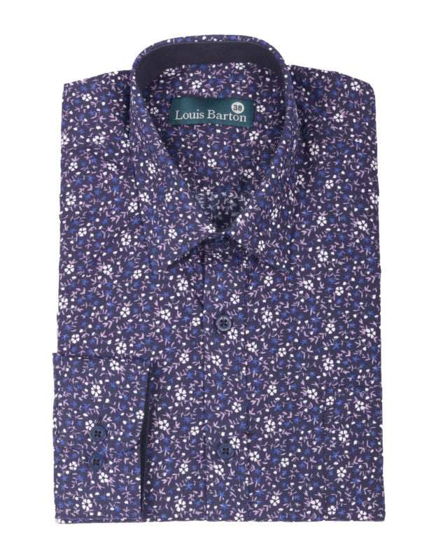 Camisa Manga Larga Azul Oscura Print Flores Blancas - Moldería informal