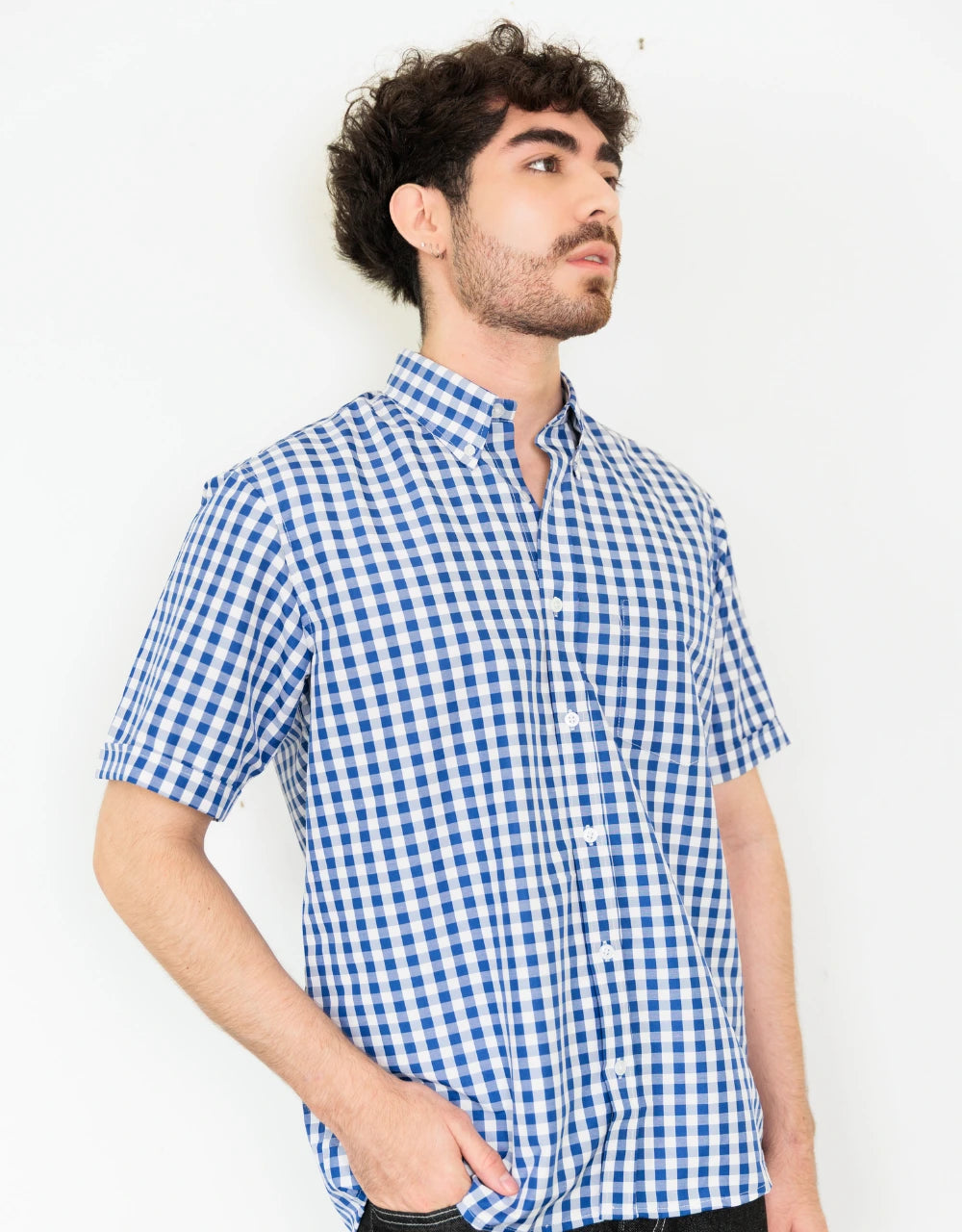 Camisa Manga Corta Cuadros Azules  - Mordería clásica