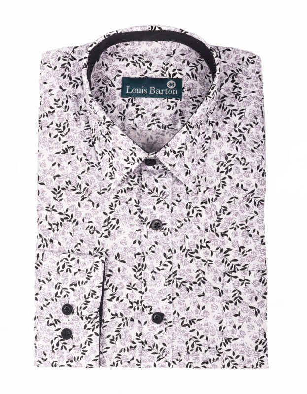 Camisa Manga Larga Estampada Rosas Grises Hojas Negras - Moldería slim