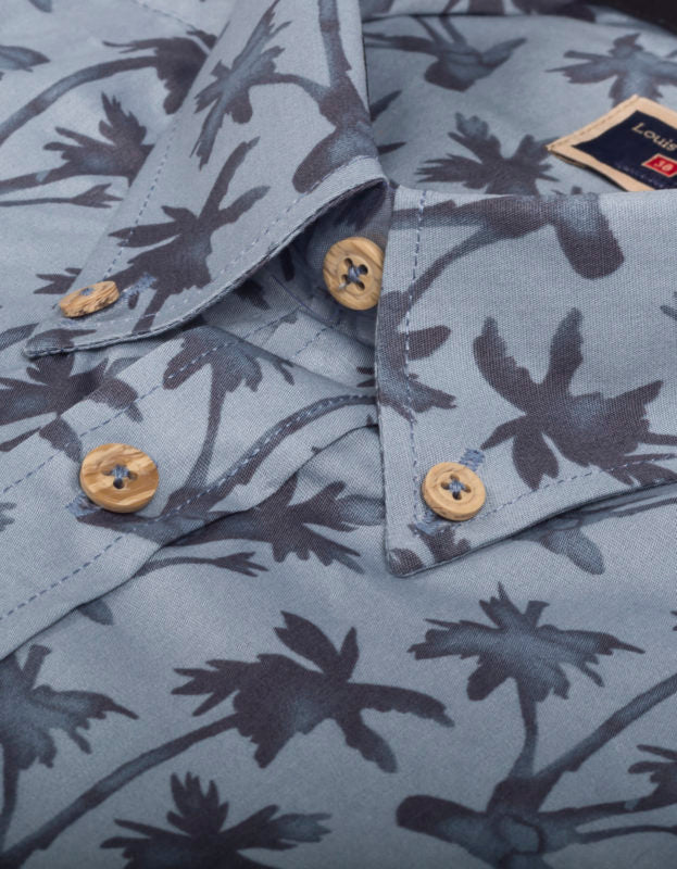 Camisa Manga Corta En Algodón Color Petróleo Estampado Palmeras Y Tucanes - Moldería informal