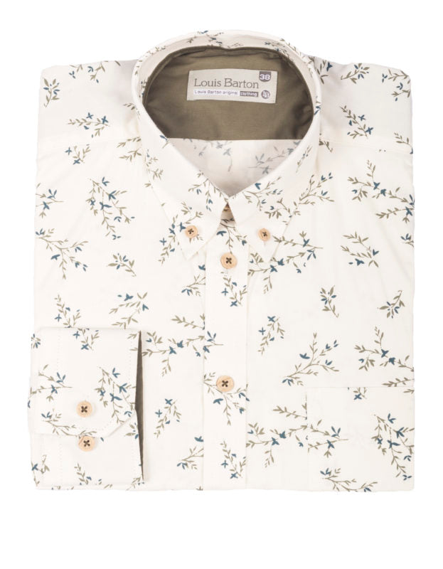 Camisa Manga Larga Color Crema Print Hojas Verde Oliva - Moldería informal