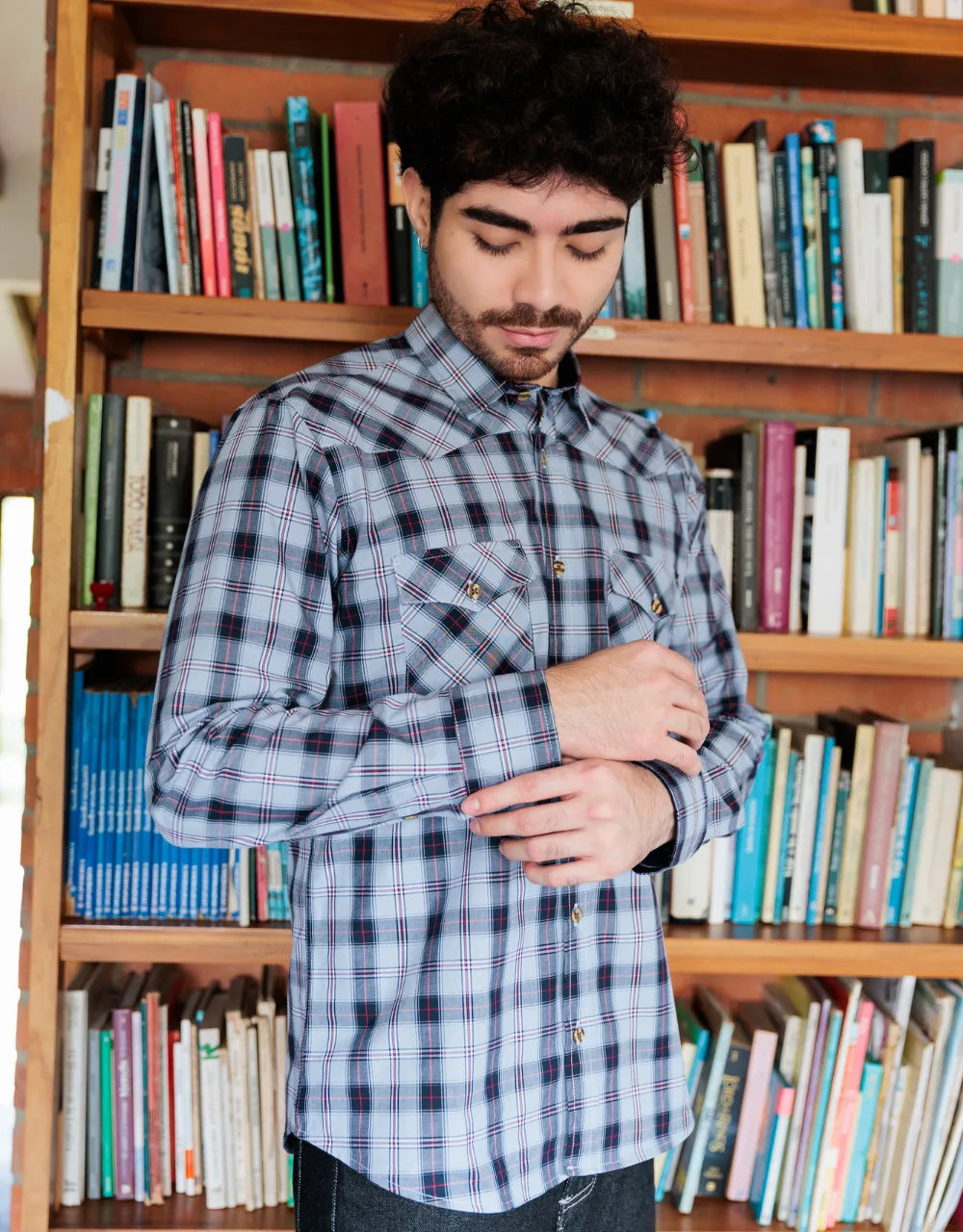 Camisa Texana Cuadros Azul Claro - Moldería slim