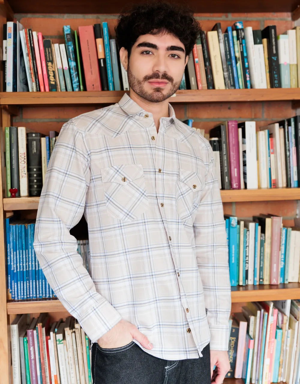 Camisa Texana Cuadros Beige - Moldería slim
