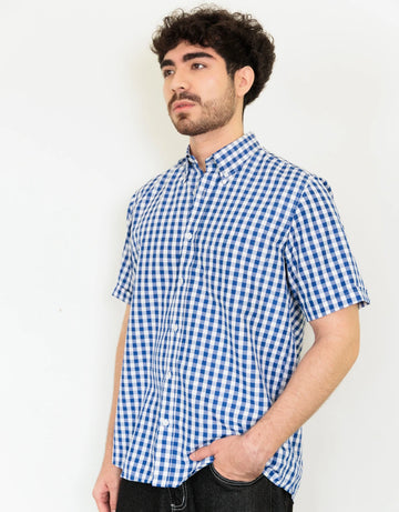 Camisa Manga Corta Cuadros Azules  - Mordería clásica