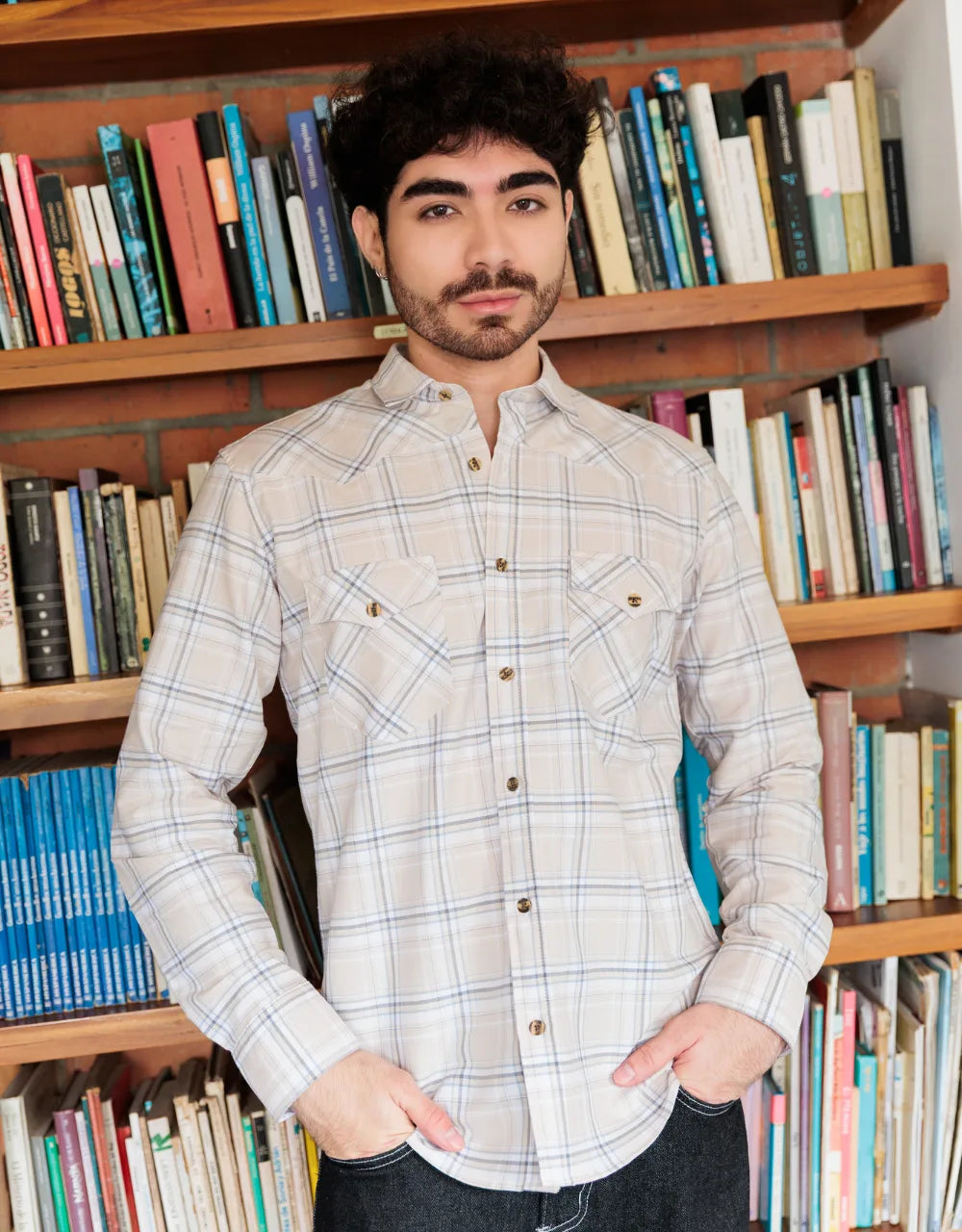 Camisa Texana Cuadros Beige - Moldería slim
