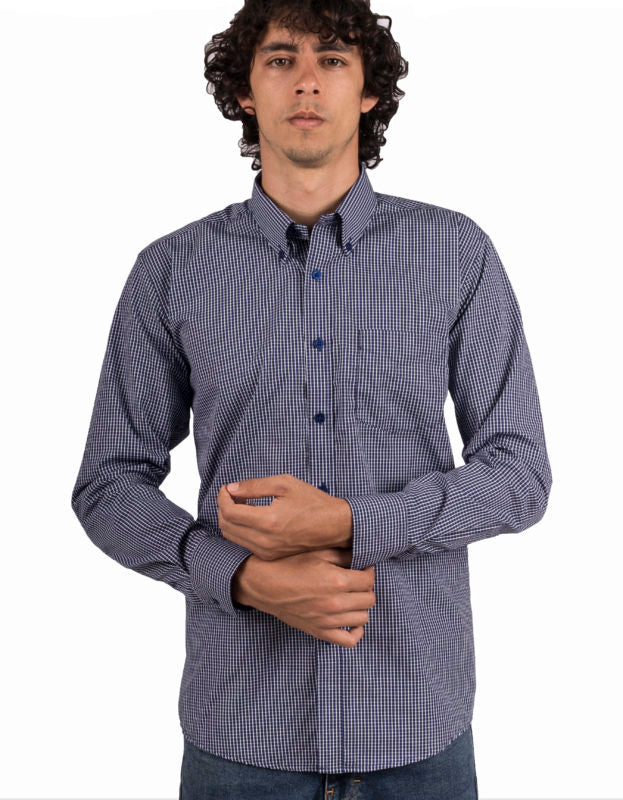Camisa Manga Larga Cuadros Pequeños Azul Navy Y Blanco - Moldería informal