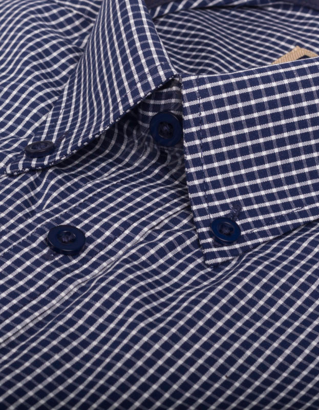 Camisa Manga Larga Cuadros Pequeños Azul Navy Y Blanco - Moldería informal