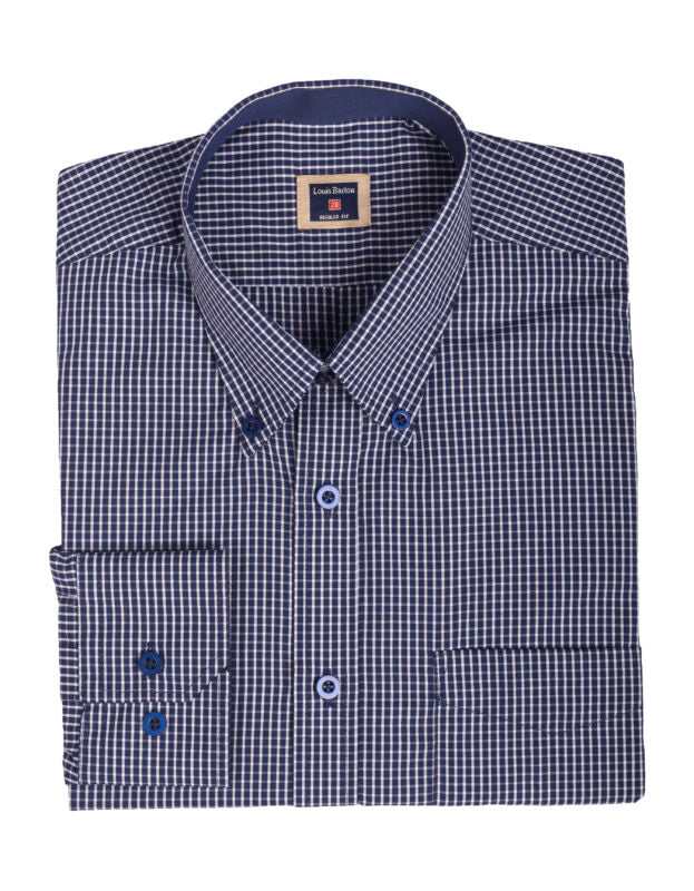 Camisa Manga Larga Cuadros Pequeños Azul Navy Y Blanco - Moldería informal