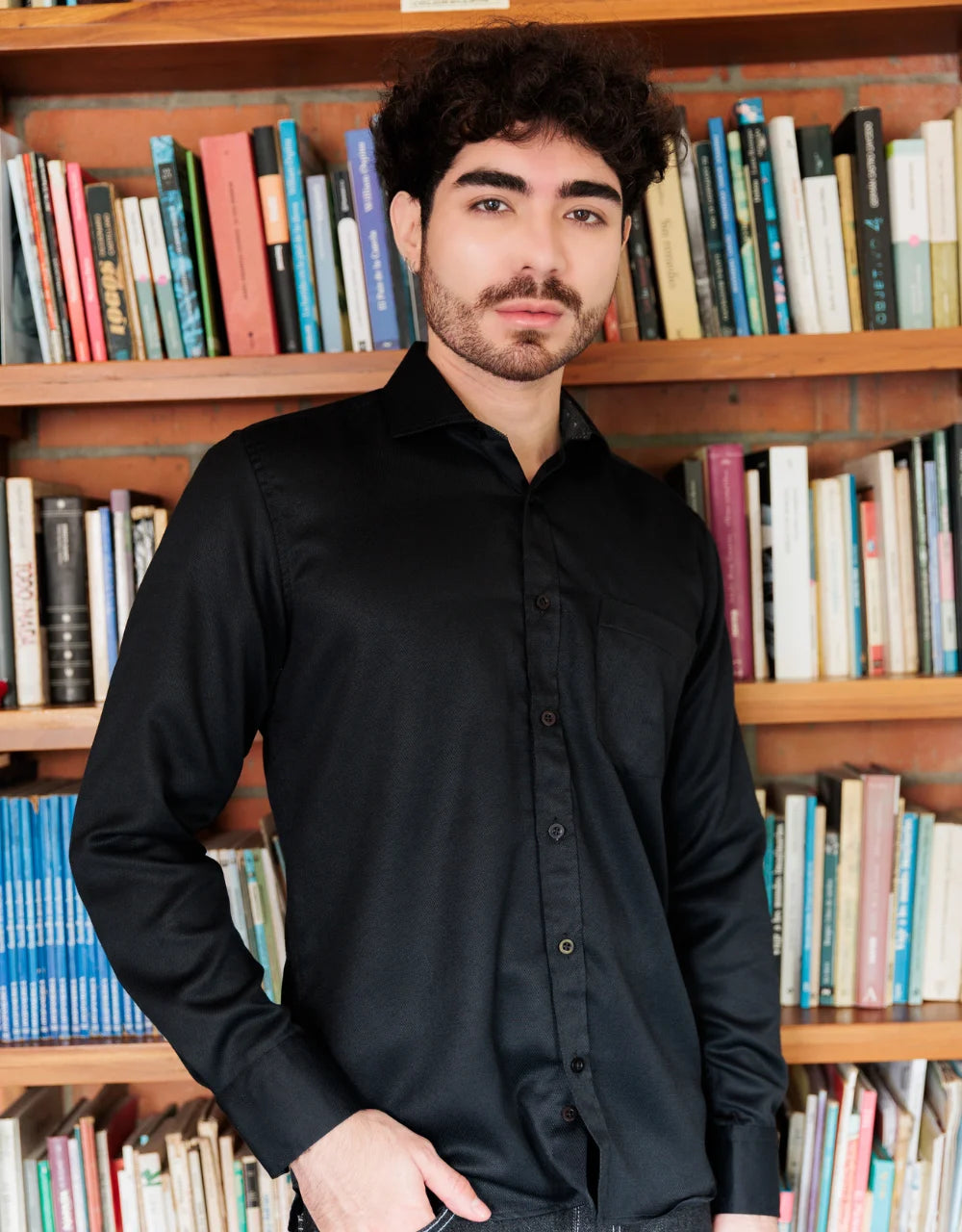 Camisa Manga Larga Negra Con Textura - Moldería slim