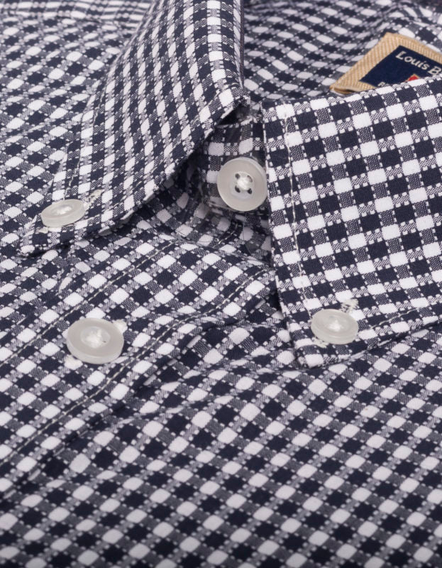 Camisa Manga Larga Moldería Informal Cuadros Y Circulos Azules Y Blancos - Moldería informal