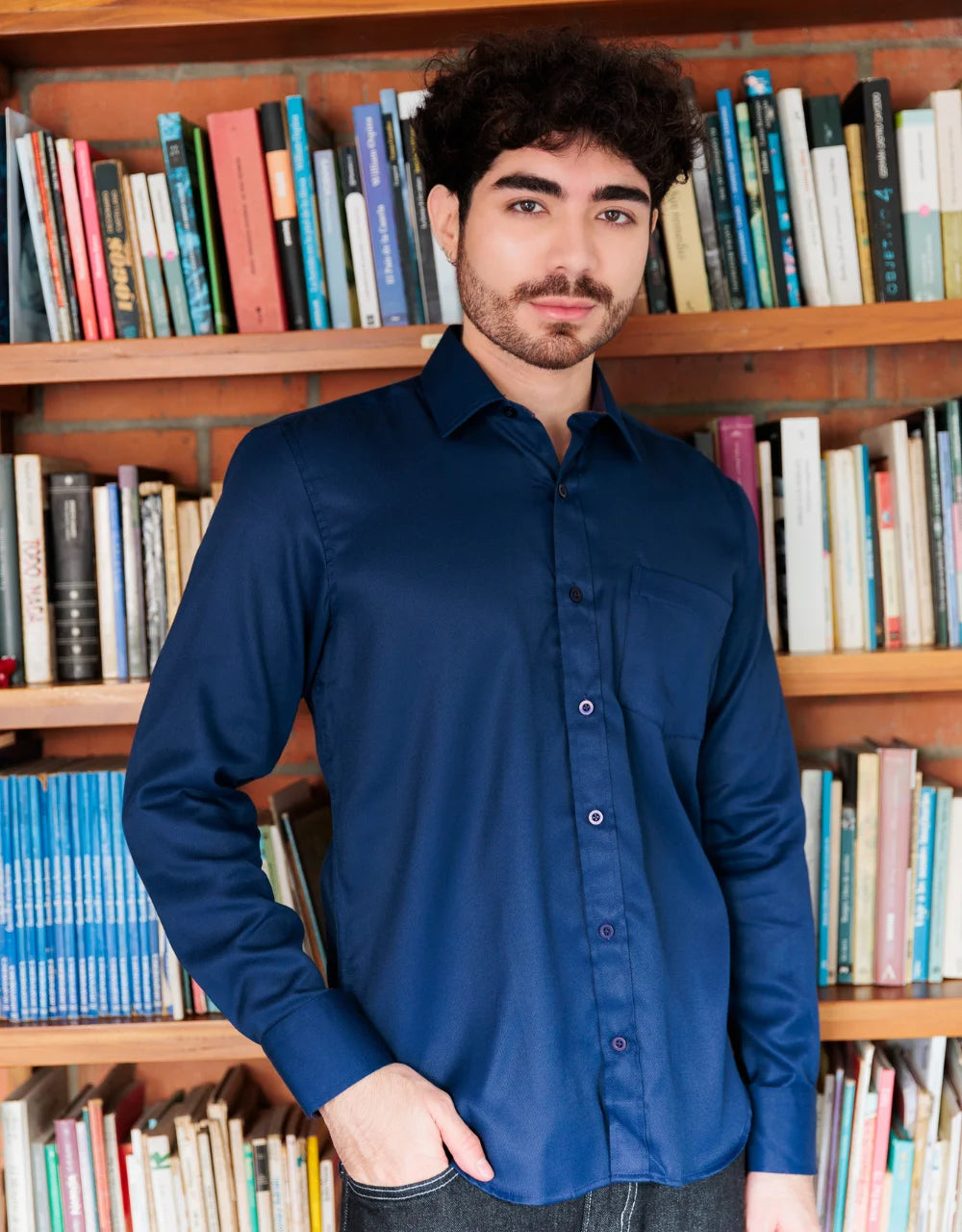 Camisa Manga Larga Azul Oscuro Con Textura - Moldería slim