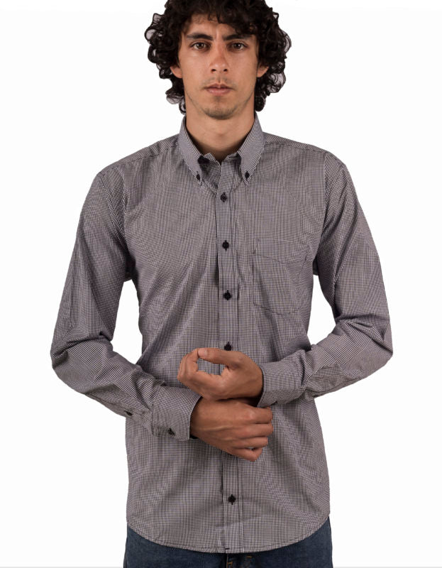 Camisa Manga Larga Cuadros Pequeños Blanco Y Negro - Moldería informal