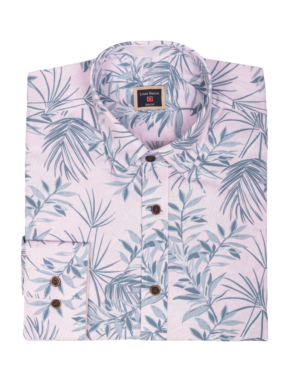 Camisa Manga Larga Rosa Estampado Hojas Tropicales Azul y Blanco - Moldería slim