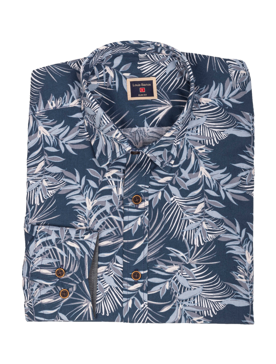 Camisa Manga Larga Azul Estampado Hojas Tropicales Gris y Blanco - Moldería slim