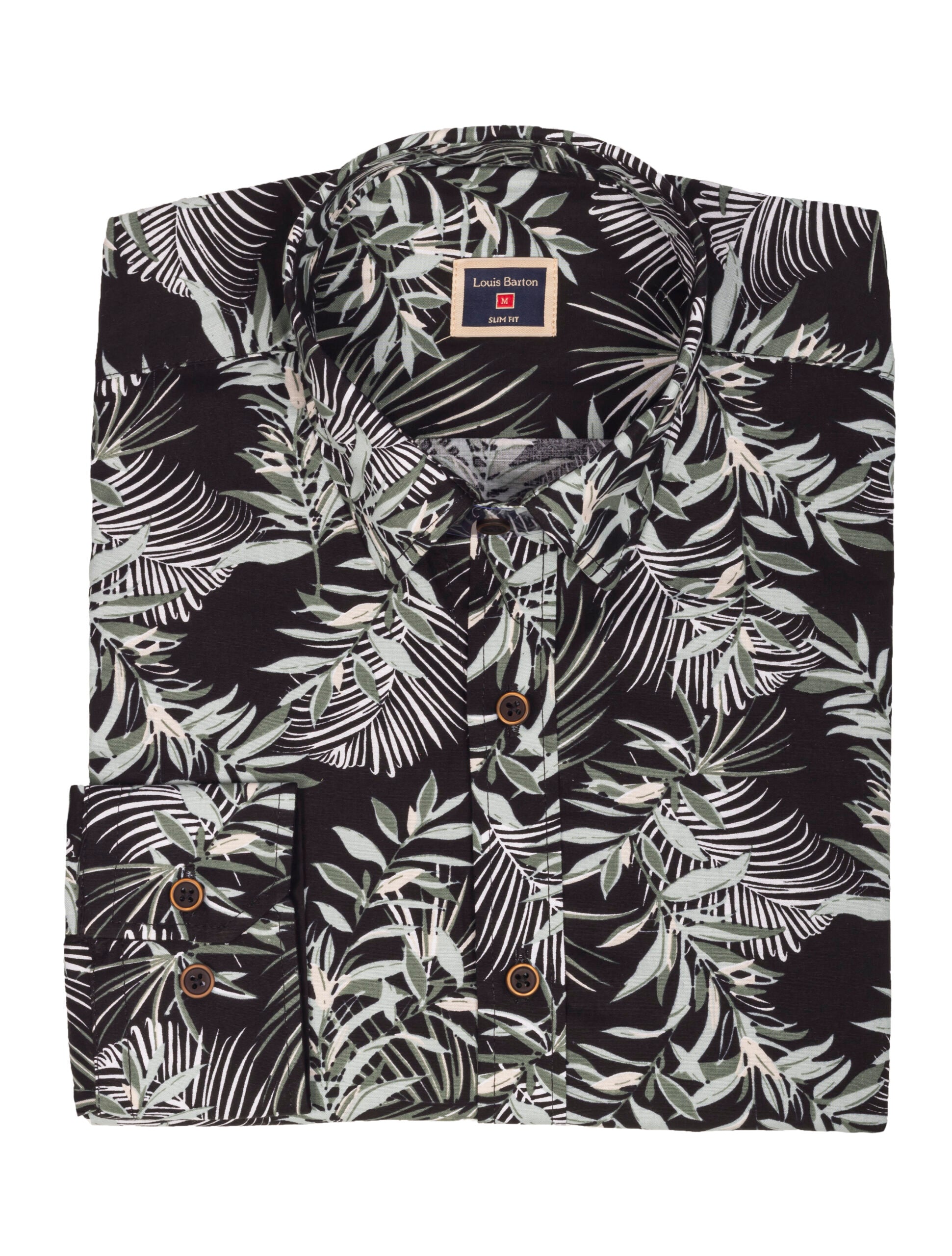 Camisa Manga Larga Negra Estampado Hojas Tropicales Verde y Blanco - Moldería slim
