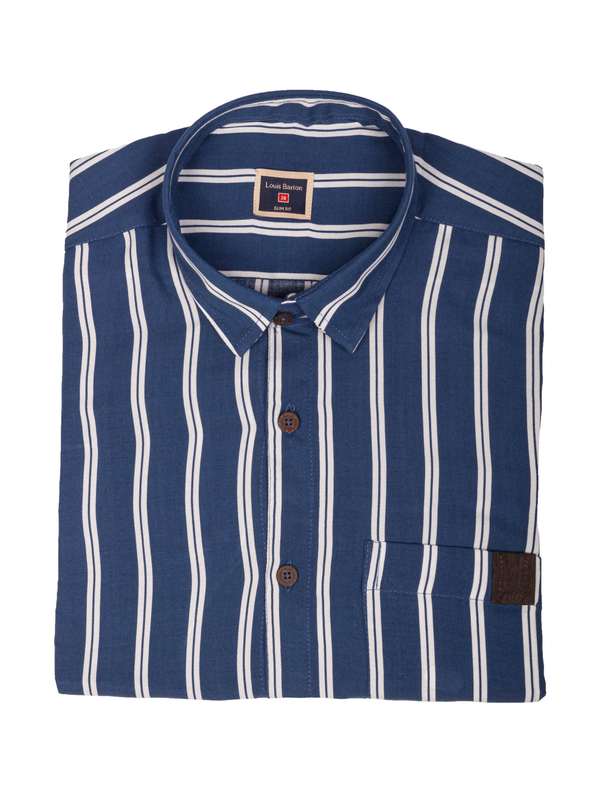 Camisa Azul Manga Corta en Chalis Rayas Blancas - Moldería slim
