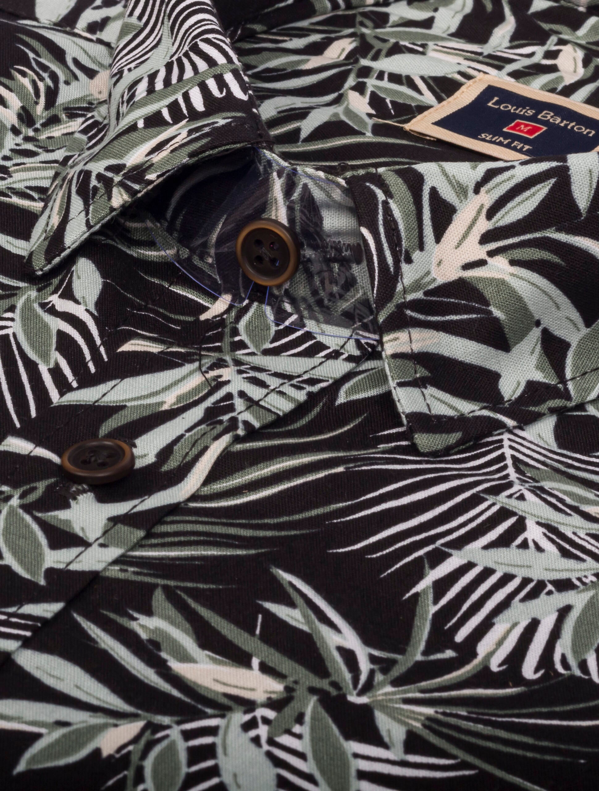 Camisa Manga Larga Negra Estampado Hojas Tropicales Verde y Blanco - Moldería slim