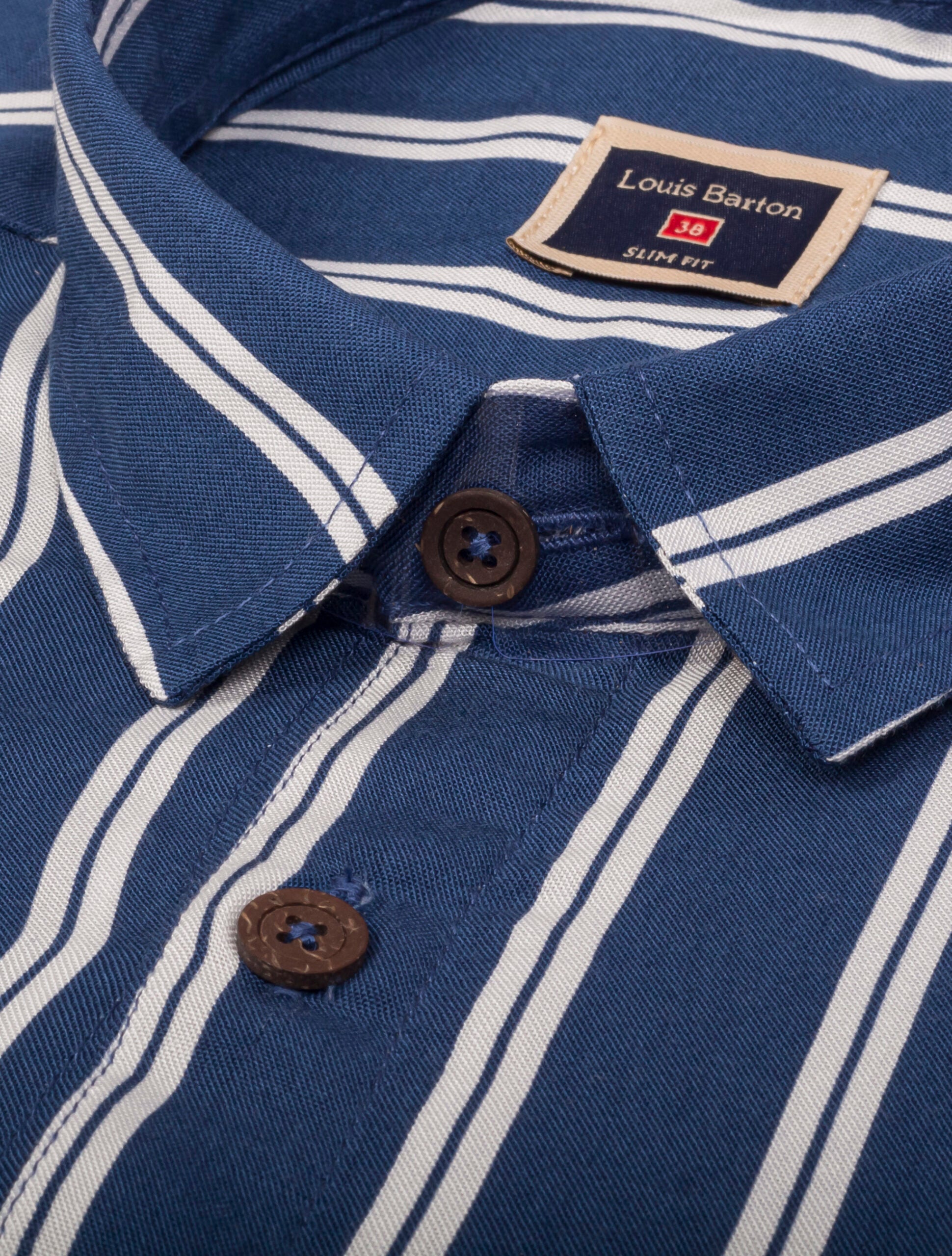 Camisa Azul Manga Corta en Chalis Rayas Blancas - Moldería slim