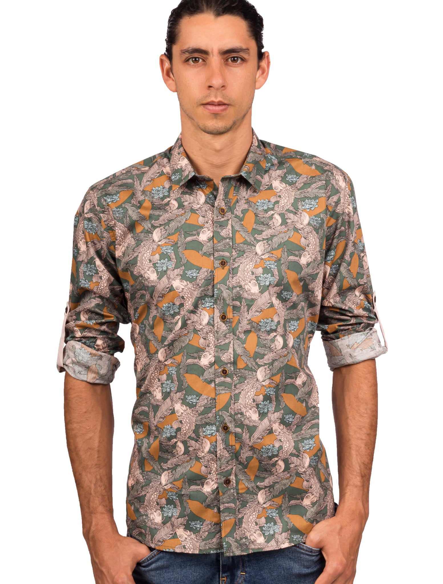 Camisa Manga Larga Estampados Peces Verdes - Moldería slim