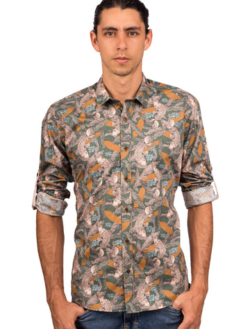 Camisa Manga Larga Estampados Peces Verdes - Moldería slim