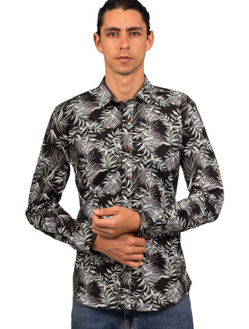 Camisa Manga Larga Negra Estampado Hojas Tropicales Verde y Blanco - Moldería slim