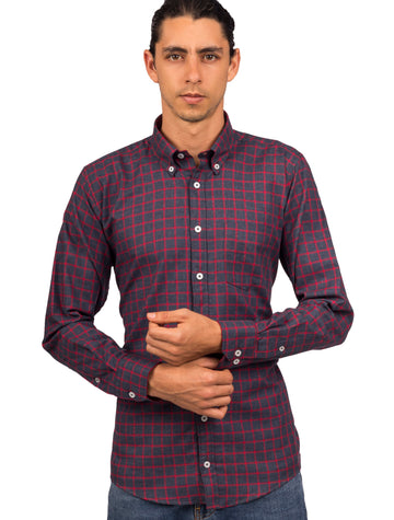 Camisa de Cuadros Azul Rayas Rojas Manga Larga - Moldería informal